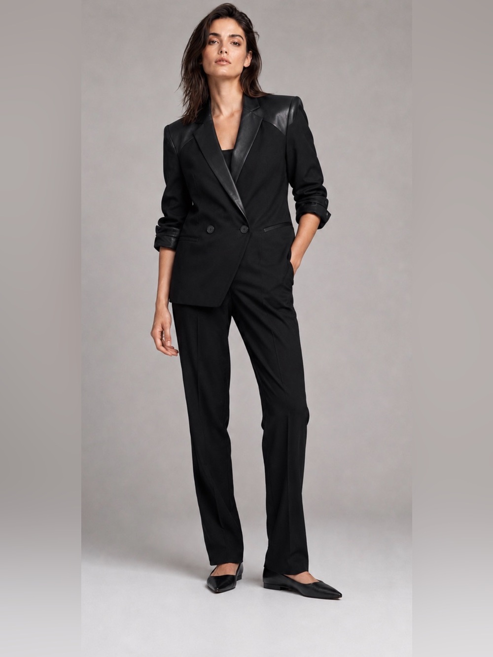 Helmut Lang Black Wool Blazer Leather Trim Size 10 Designer Edgy Soho Downtown - Picture 2 of 14